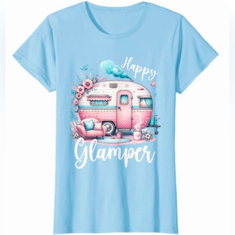 {NEW} Cute Happy Glamper Caravan Camping Glamping T-Shirt L